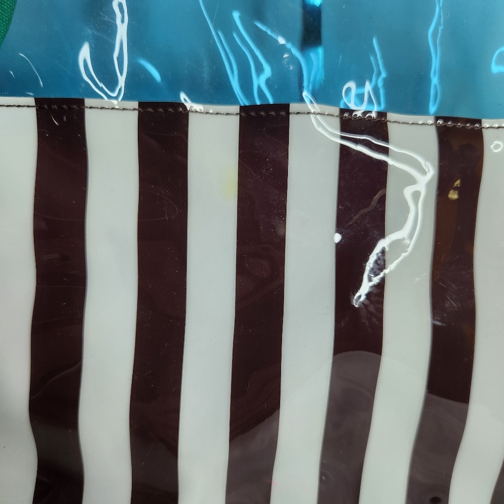 Henri Bendel Tote Bag PVC Canvas Blue Brown White Stripe Green Trim - Picture 3 of 10